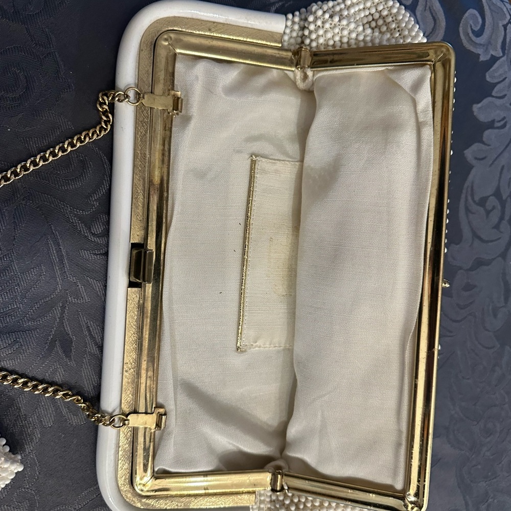 Vintage Lumured Corde Bead Clutch Purse Off White USA Made - Picture 8 of 9